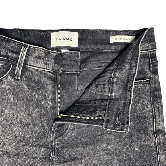 FRAME Le High Straight Raw Edge Jeans in Rockstar Acid-Washed Black Size 26 - Picture 7 of 9